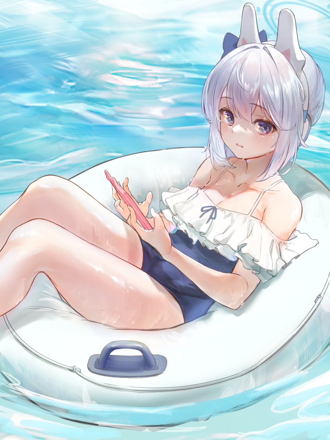 animal_ears, blue_archive, bunny_ears, halo, marulire, swimsuits, tsukiyuki_miyako, wet