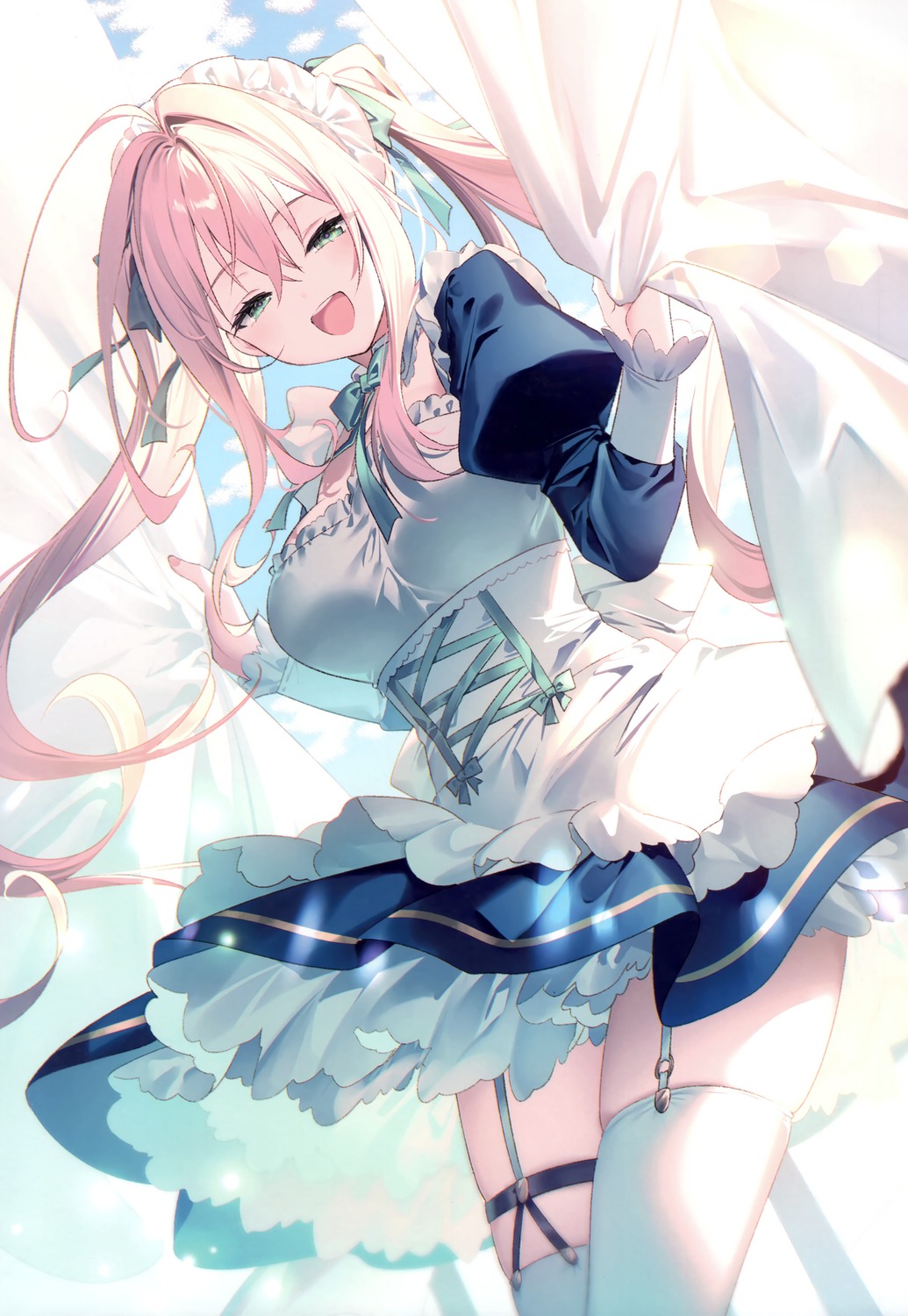 eterna, maid, rianastia_fluegel, riichu, skirt_lift, stockings, thighhighs