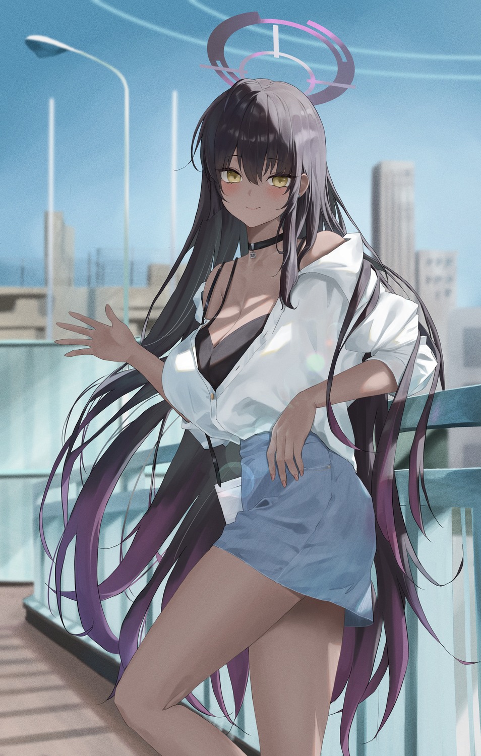 blue_archive, bra, cleavage, dress_shirt, halo, kakudate_karin, open_shirt, renge_(730), skirt_lift