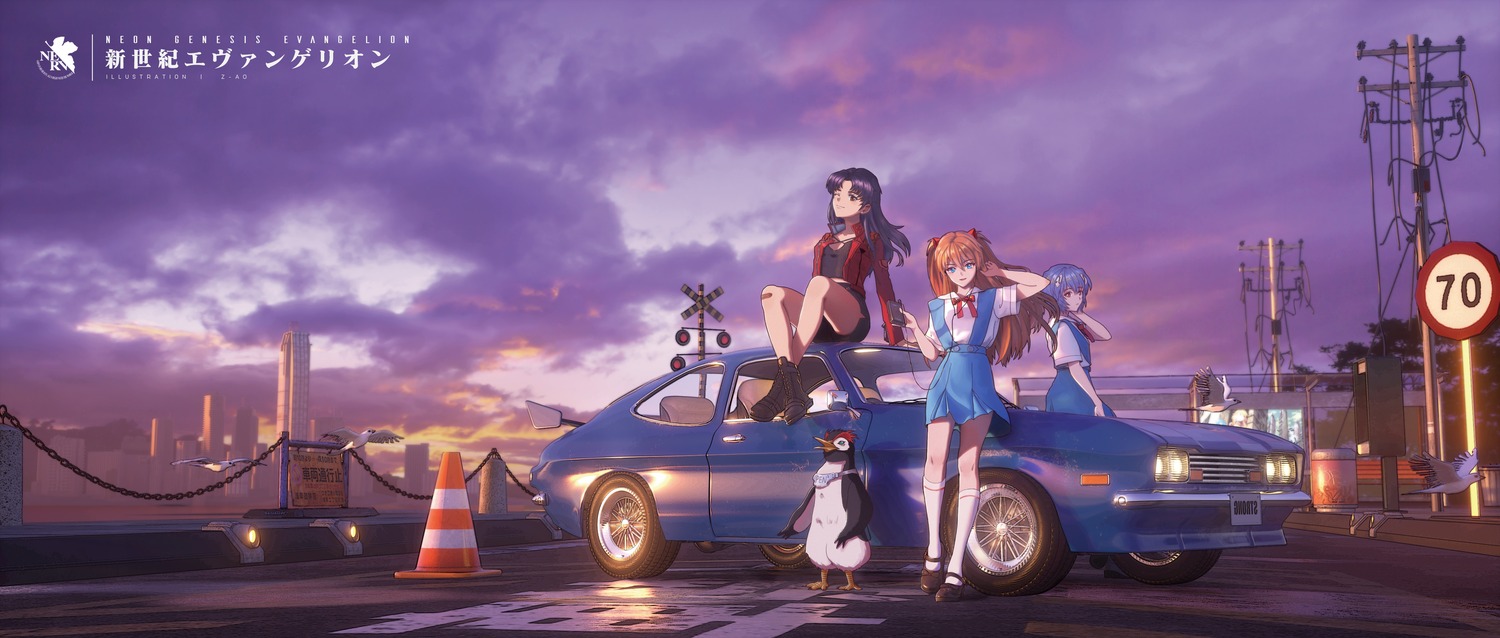 ayanami_rei, bandaid, katsuragi_misato, neon_genesis_evangelion, pen_pen, penguin, seifuku, souryuu_asuka_langley