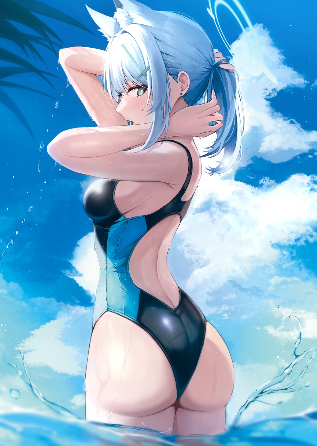 animal_ears, ass, blue_archive, halo, nao_(okt8538), nekomimi, sunaookami_shiroko, swimsuits