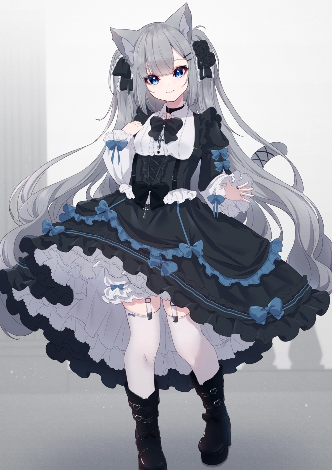 animal_ears, bloomers, dress, gothic_lolita, hinata_(pixiv53862745), lolita_fashion, nekomimi, skirt_lift