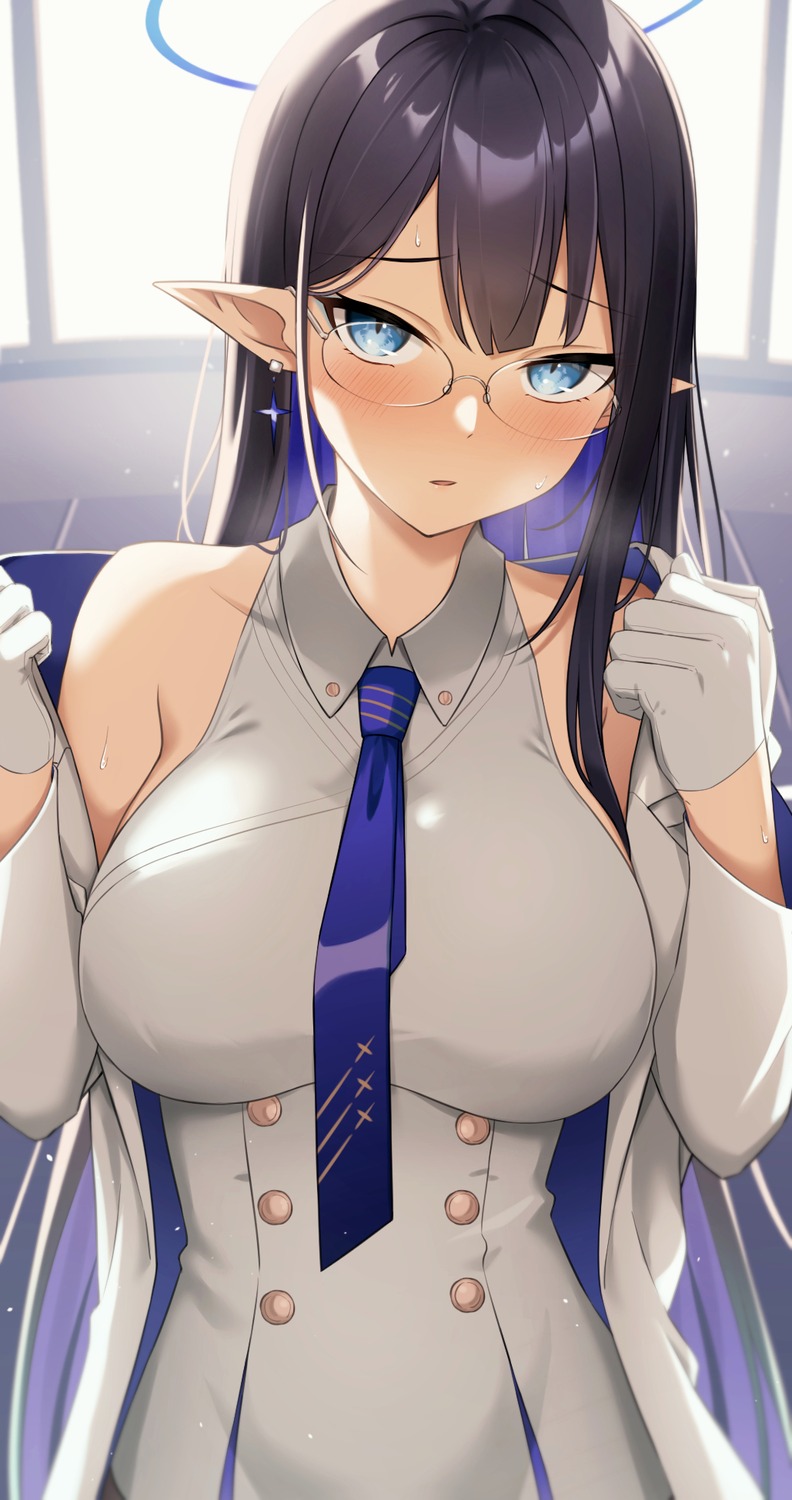 blue_archive, halo, megane, nanagami_rin, pointy_ears, tennen_inari, undressing, uniform