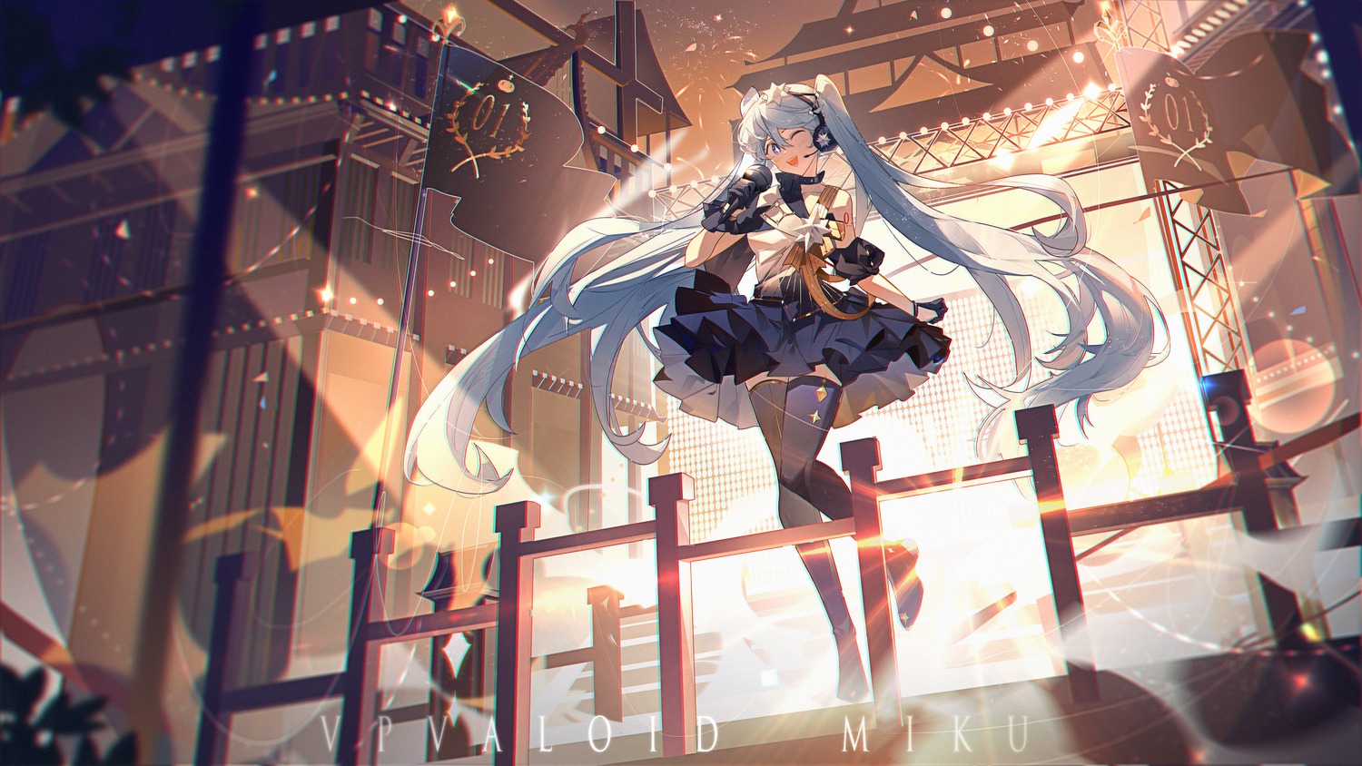 hatsune_miku, headphones, krao, tattoo, thighhighs, vocaloid