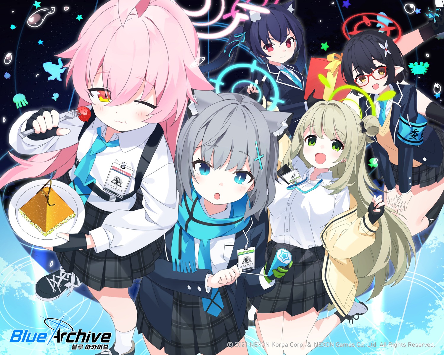 animal_ears, blue_archive, gogoco, gun, halo, izayoi_nonomi, kuromi_serika, megane