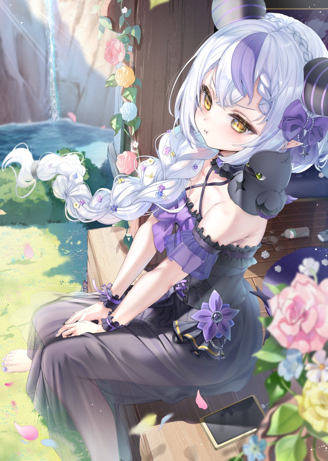 crow_(la+_darknesss), dress, hololive, horns, la+_darknesss, no_bra, piyokuma, pointy_ears, see_through, tail