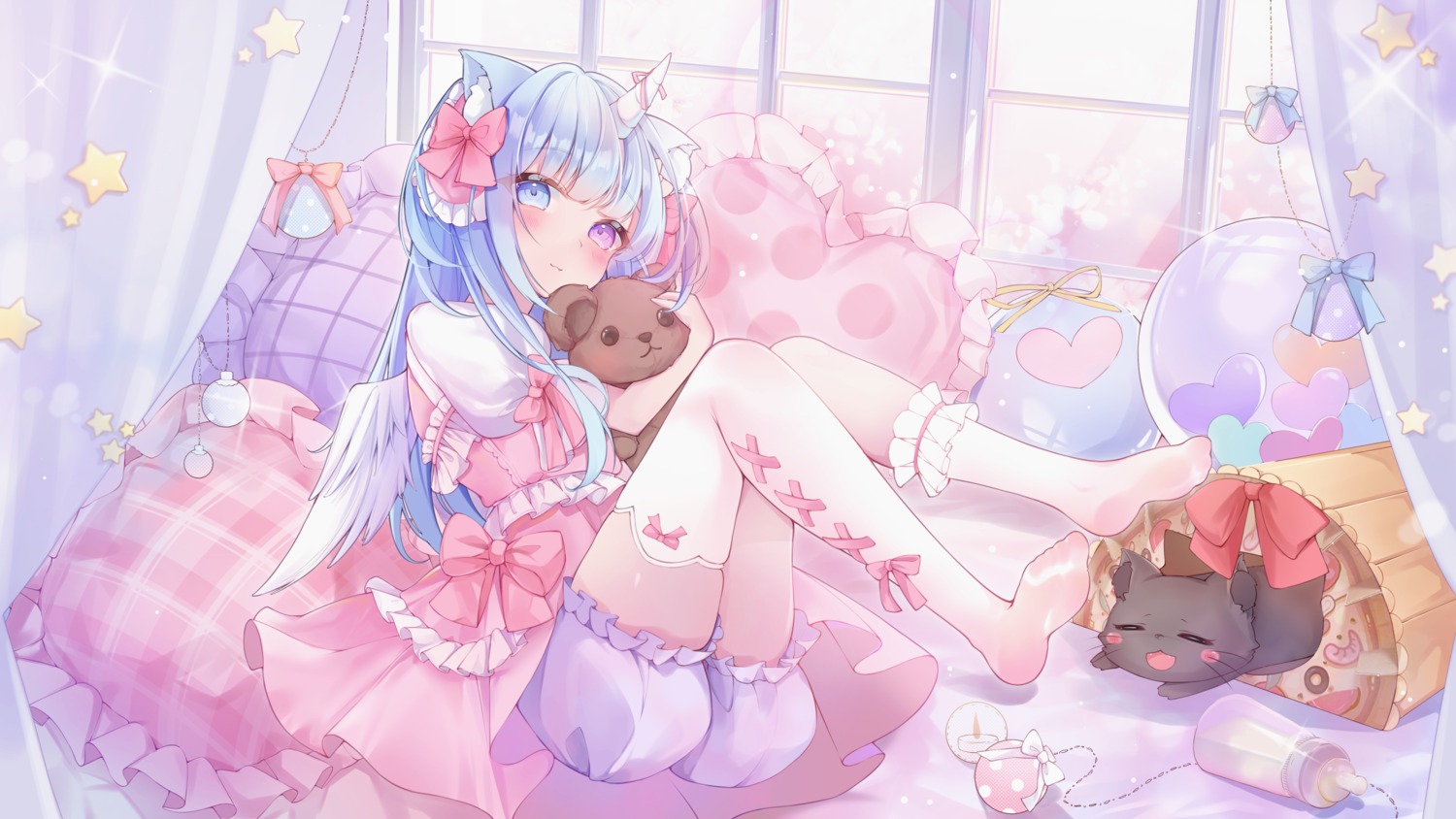 animal_ears, bloomers, heterochromia, horns, kugimiya_ninico, nayuuchan, neko, nekomimi