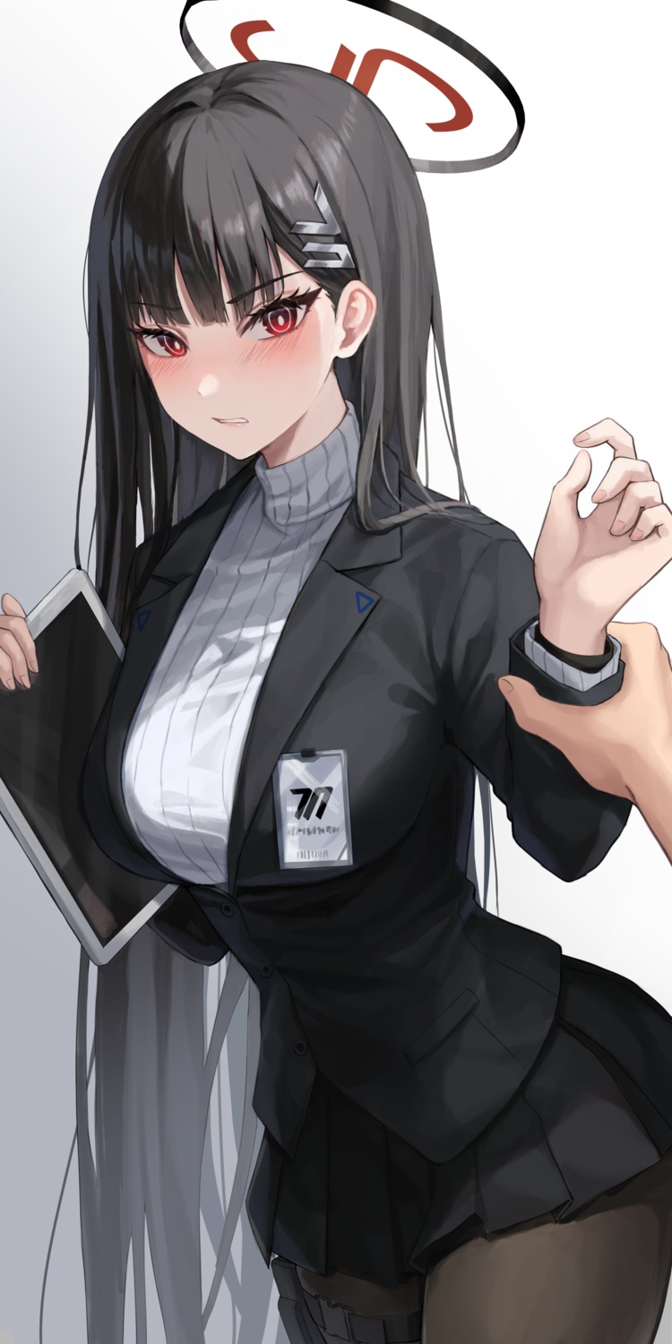 blue_archive, business_suit, garter, halo, miudo, pantyhose, sweater, tsukatsuki_rio