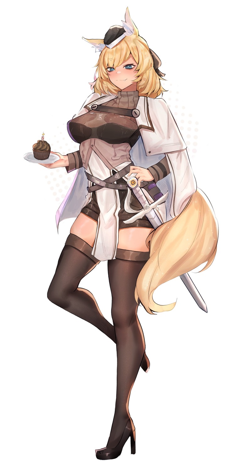 animal_ears, arknights, deccatezu, heels, sword, tail, thighhighs, uniform