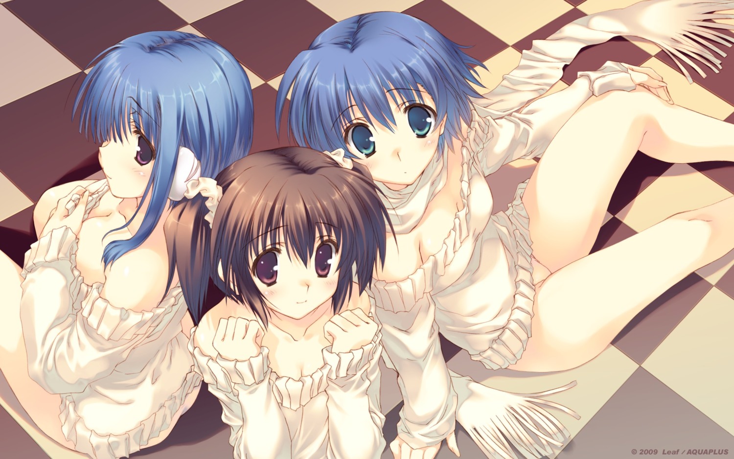 cleavage, ilfa, leaf, mitsumi_misato, pantsu, to_heart_(series), to_heart_2, tonami_yuma, wallpaper, yuzuhara_konomi