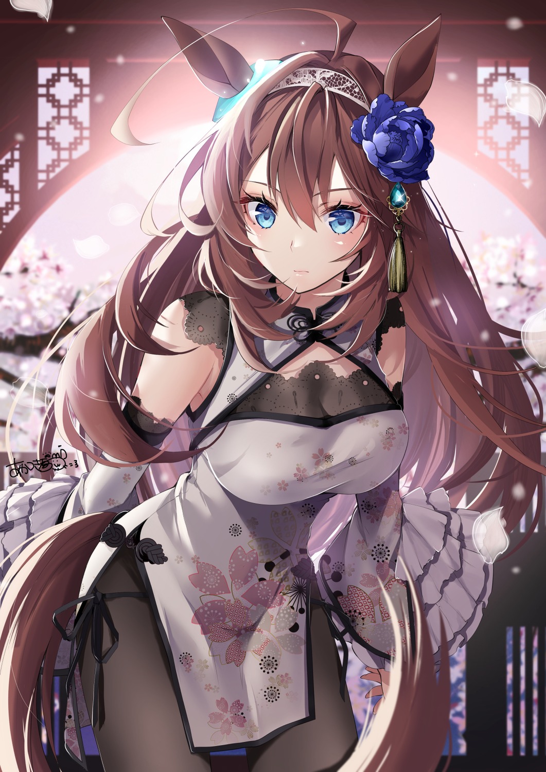 akatsuki_hijiri, animal_ears, chinadress, mihono_bourbon_(umamusume), pantyhose, see_through, tail, uma_musume_pretty_derby