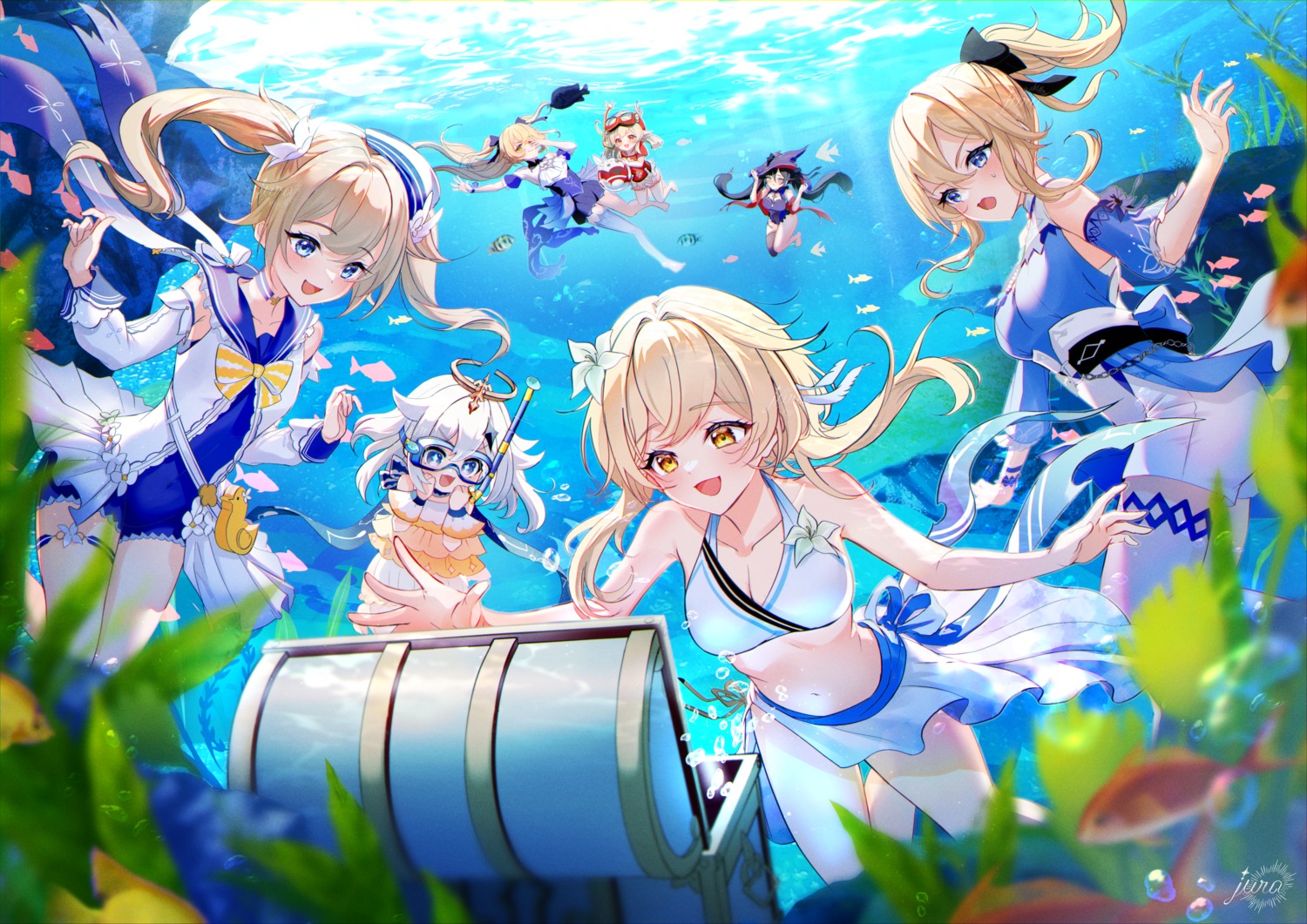 barbara_(genshin_impact), bikini, fischl, garter, genshin_impact, jean_gunnhildr, jura, klee