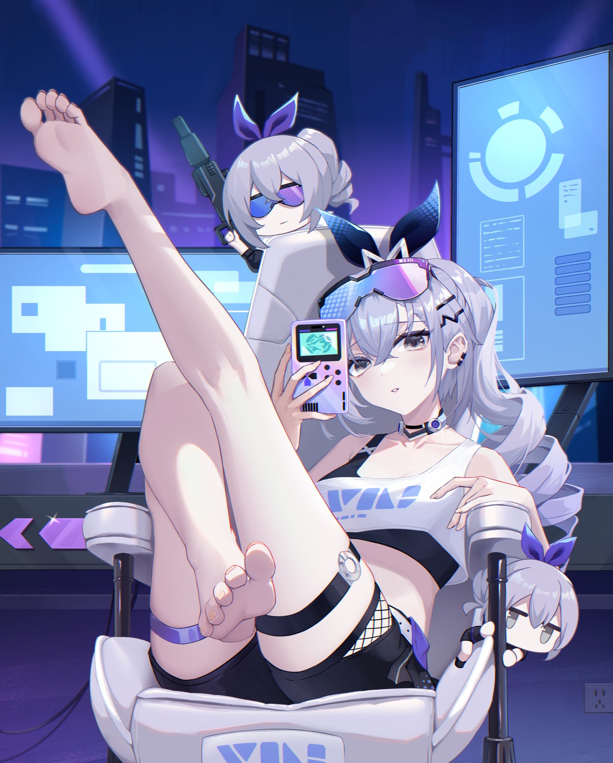 chibi, feet, garter, gun, heiyizhushenxia, honkai:_star_rail, megane, silver_wolf_(honkai:_star_rail)