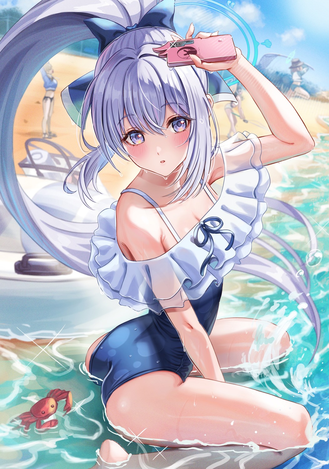 ass, blue_archive, halo, kasumizawa_miyu, kazekura_moe, madopen, see_through, sorai_saki, swimsuits, tsukiyuki_miyako, wet