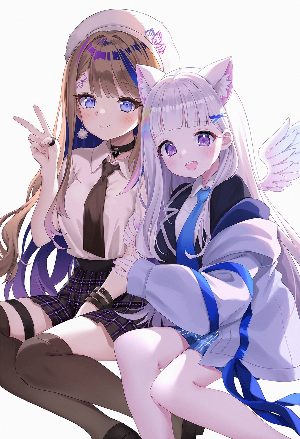 airi_kanna, animal_ears, ayatsuno_yuni, chobi_(penguin_paradise), garter, nekomimi, seifuku, stellive