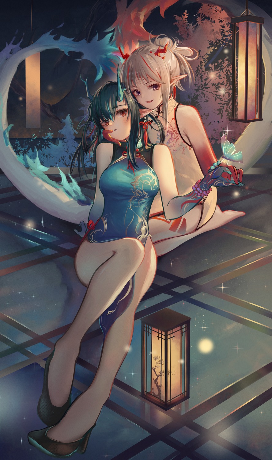 arknights, beancake, chinadress, dusk_(arknights), heels, horns, nian_(arknights), pointy_ears, tail, tattoo