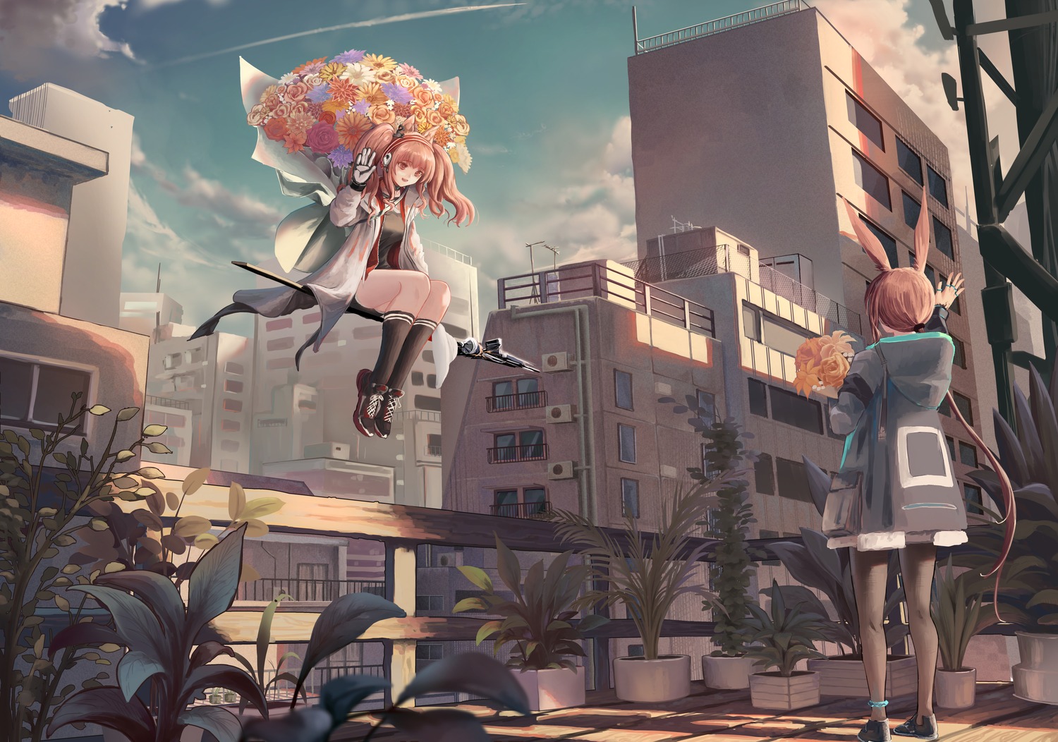 amiya_(arknights), angelina_(arknights), animal_ears, arknights, beancake, bunny_ears, pantyhose, weapon