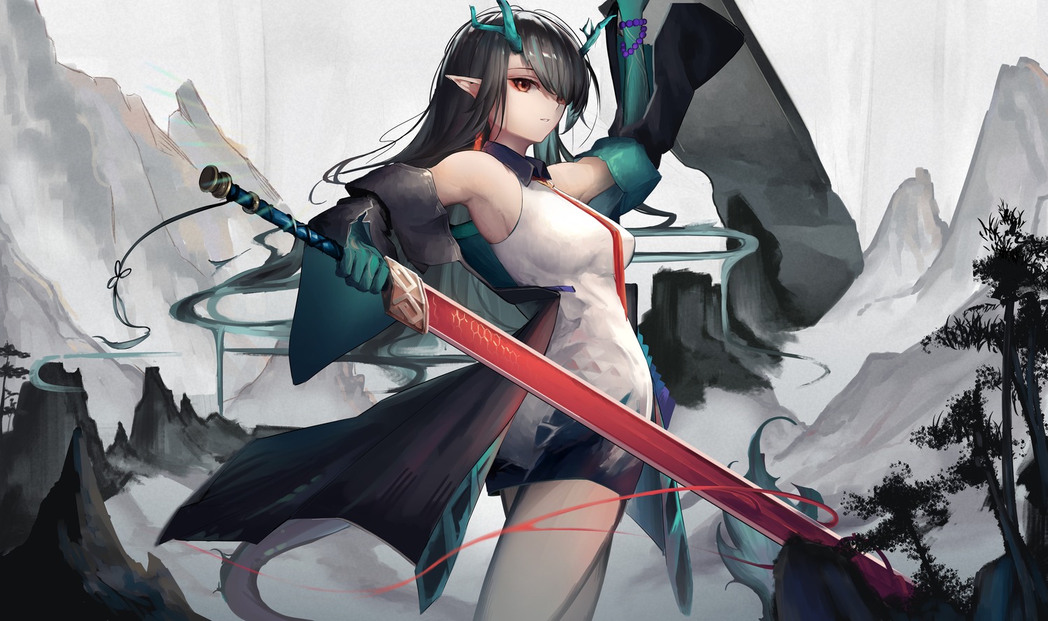 arknights, beancake, dress, dusk_(arknights), horns, pointy_ears, sword, tail