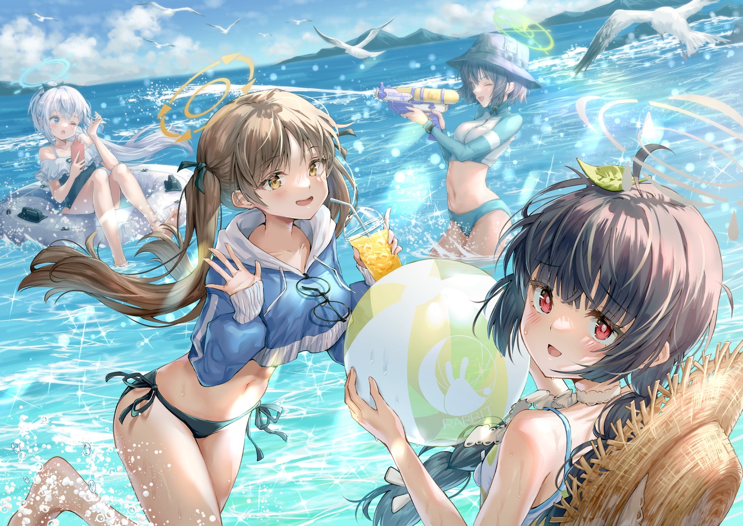 bikini, blue_archive, halo, hirokazu_(analysis-depth), kasumizawa_miyu, kazekura_moe, megane, sorai_saki