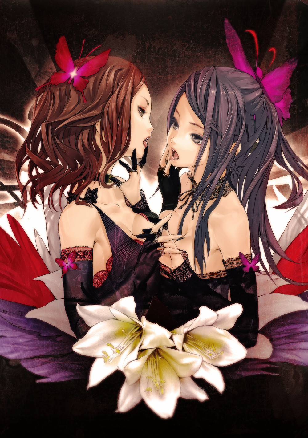 cleavage, magnet_(vocaloid), redjuice, symmetrical_docking, vocaloid, yuri