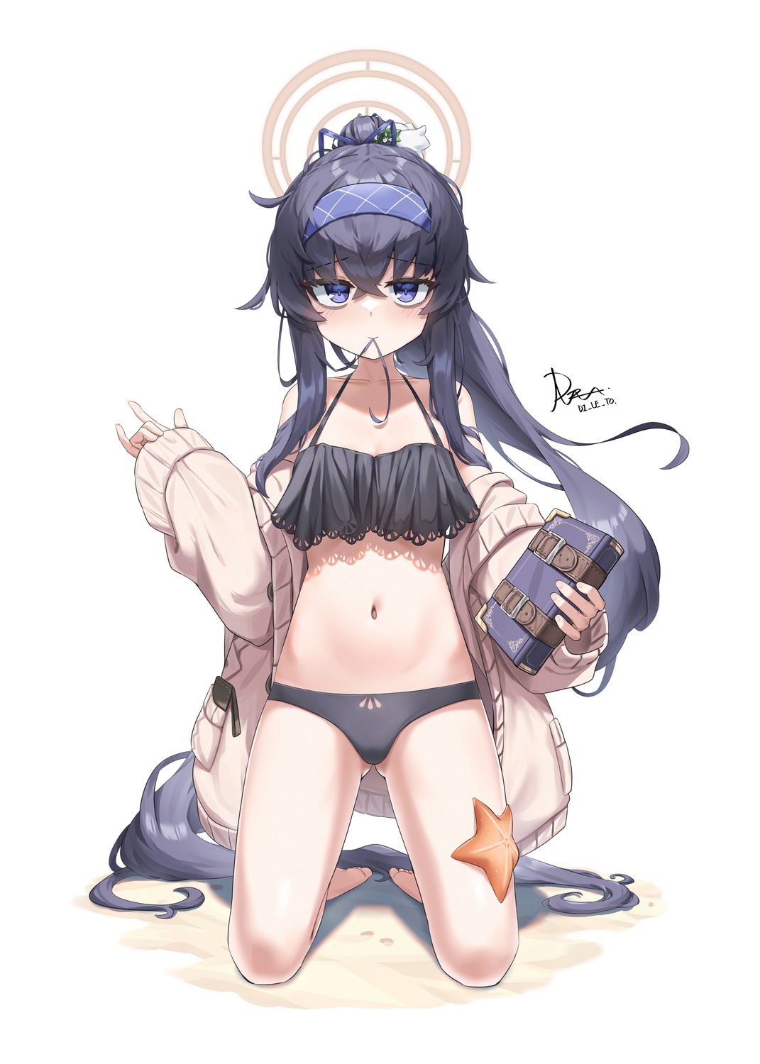bikini, blue_archive, delete_(xxag4475), halo, kozeki_ui, open_shirt, sweater, swimsuits