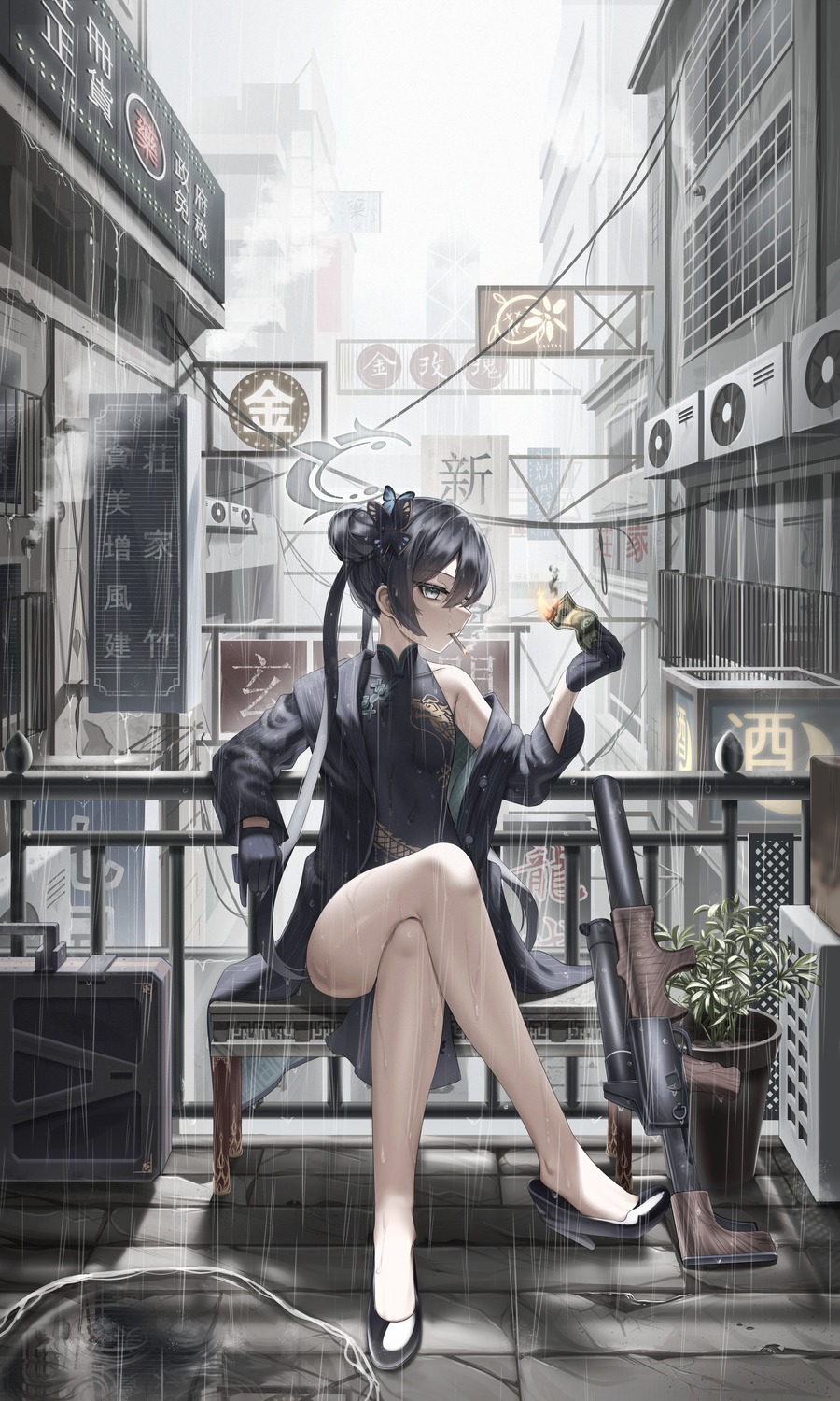 blue_archive, chinadress, delete_(xxag4475), gun, halo, heels, ryuuge_kisaki, smoking