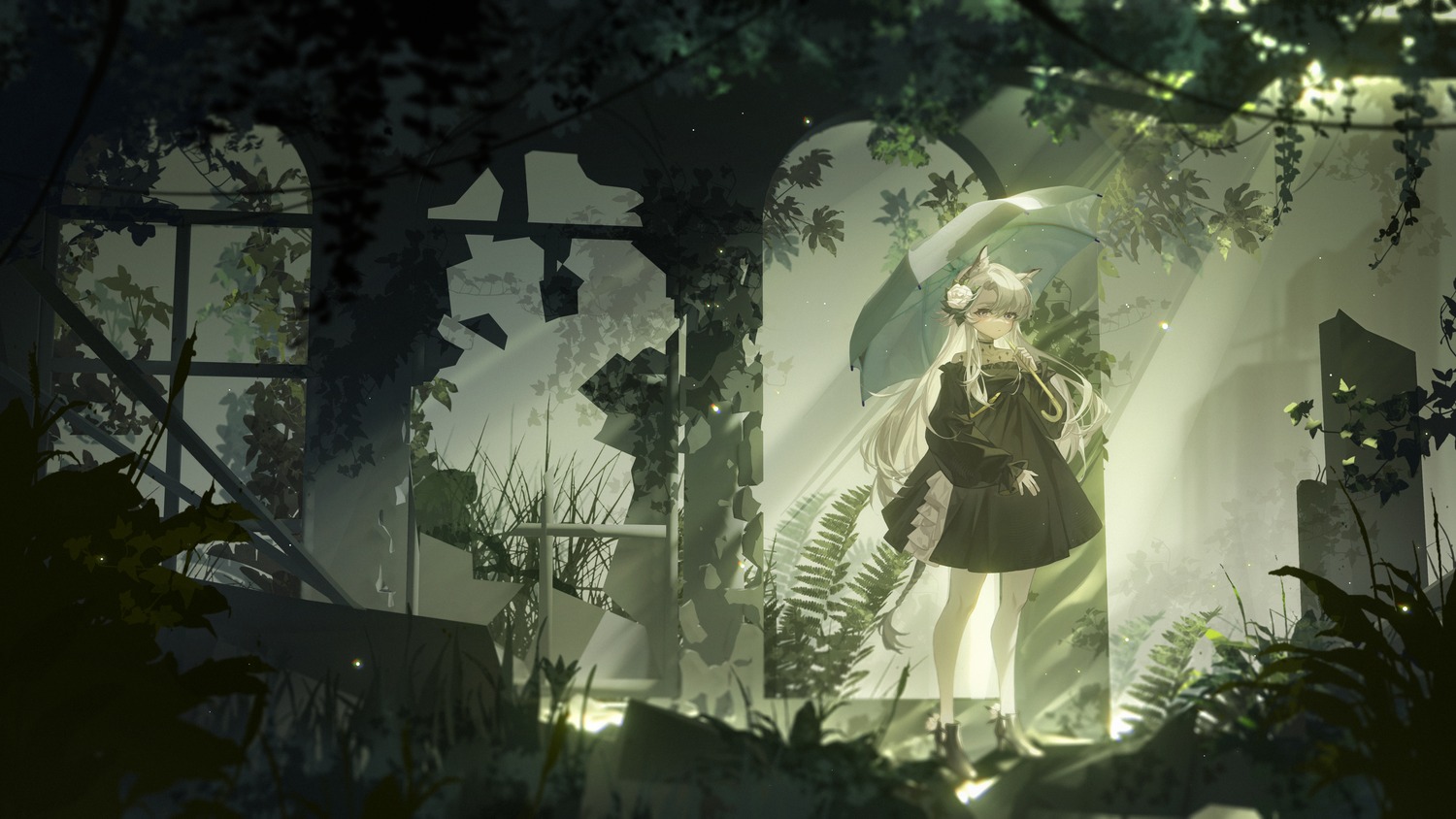 animal_ears, arknights, dress, heavyrain_(arknights), heels, tuzhate, umbrella