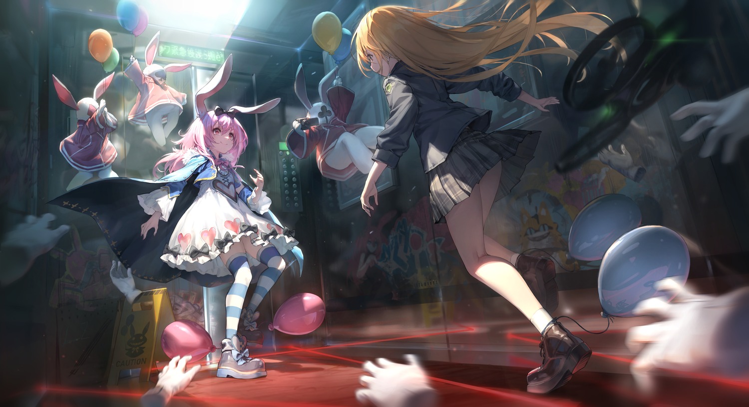 alice, alice_in_wonderland, animal_ears, bunny_ears, observerz, seifuku, skirt_lift, thighhighs