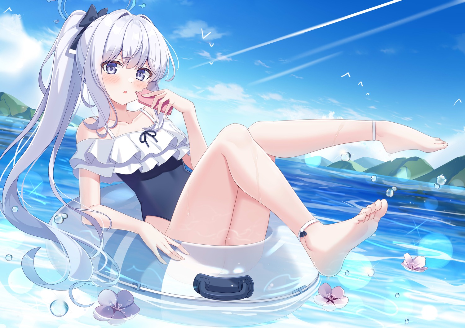blue_archive, feet, fengshen_chino, halo, jpeg_artifacts, swimsuits, tsukiyuki_miyako, wet