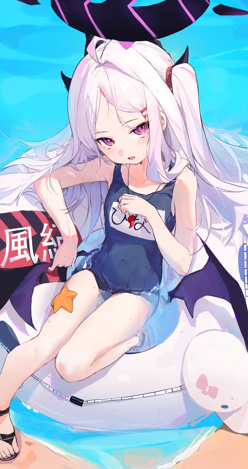 blue_archive, devil, halo, horns, loli, pointy_ears, school_swimsuit, shenqi_de_(9), sorasaki_hina, swimsuits, wet, wings