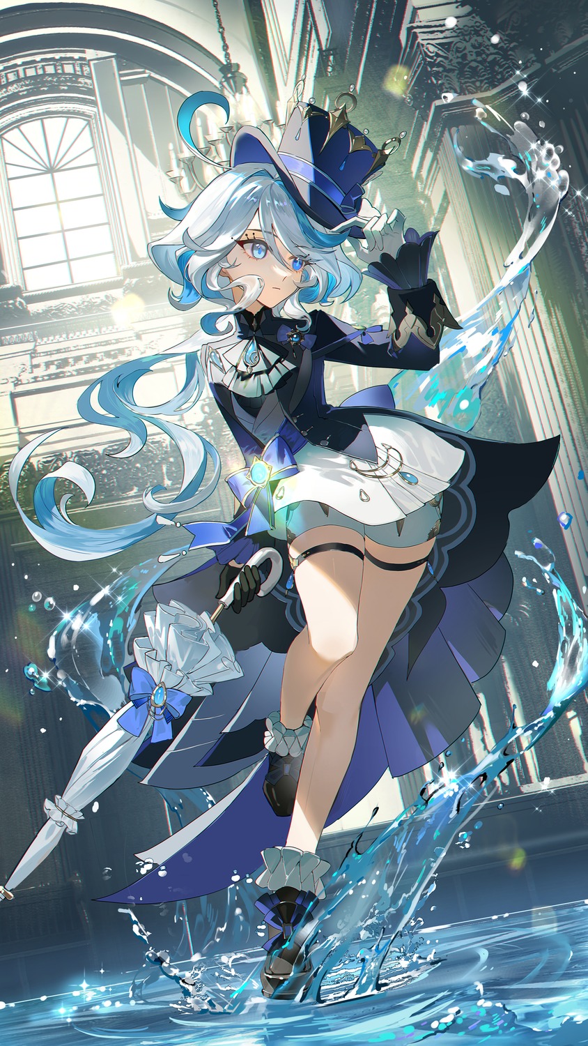 furina, garter, genshin_impact, guaisen, heterochromia, umbrella, wet