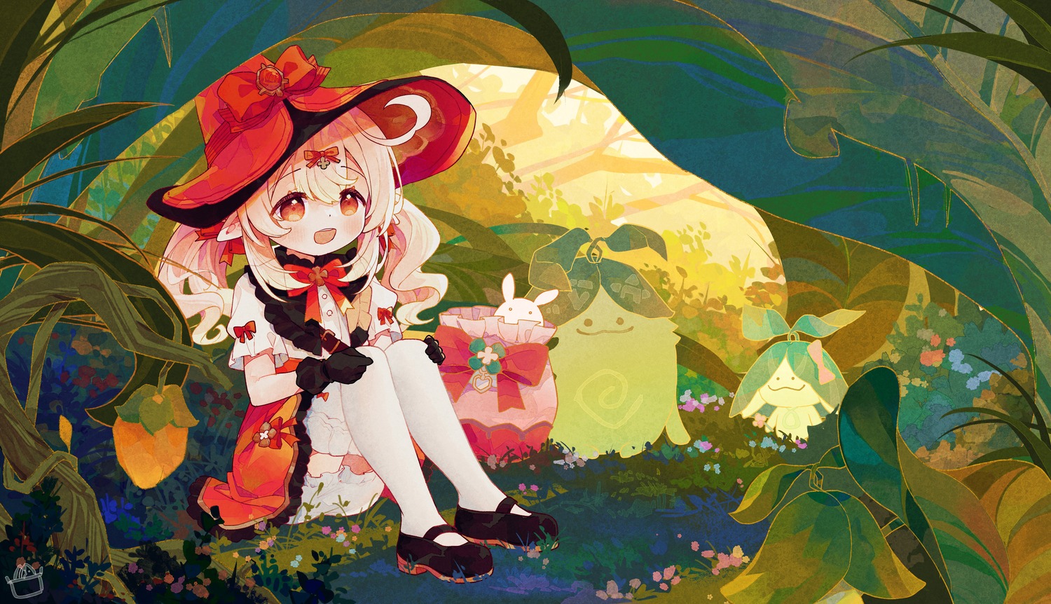 bloomers, genshin_impact, klee, pointy_ears, skirt_lift, thighhighs, witch, xianyuzi
