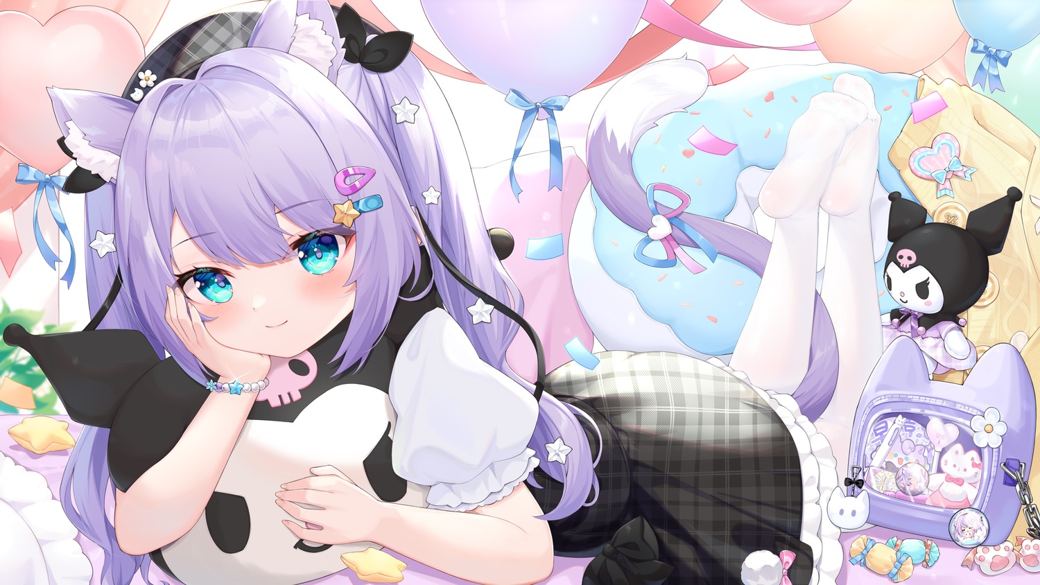 animal_ears, dress, kuroida, nekomimi, pantyhose, tail, wallpaper