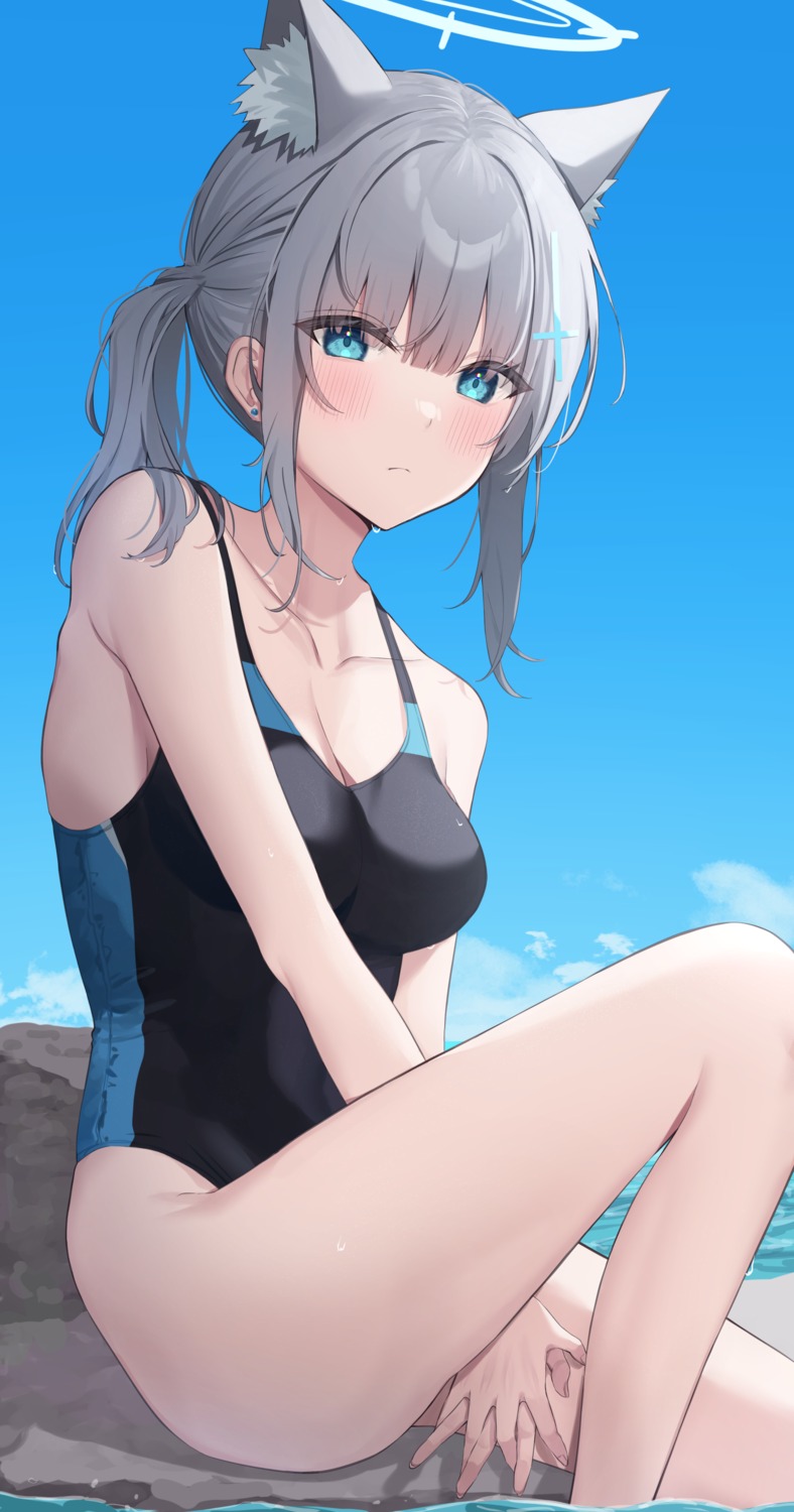 animal_ears, blue_archive, cleavage, halo, nekomimi, sunaookami_shiroko, swimsuits, wet