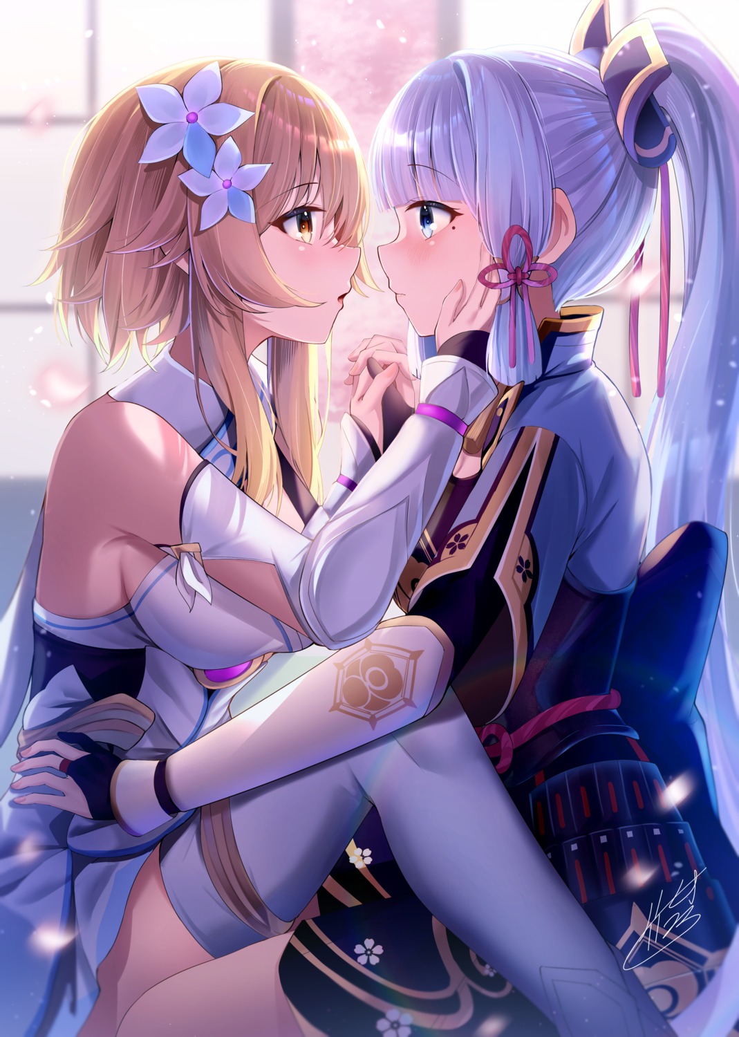 armor, dress, genshin_impact, japanese_clothes, kamisato_ayaka, lumine, no_bra, takemura_kou
