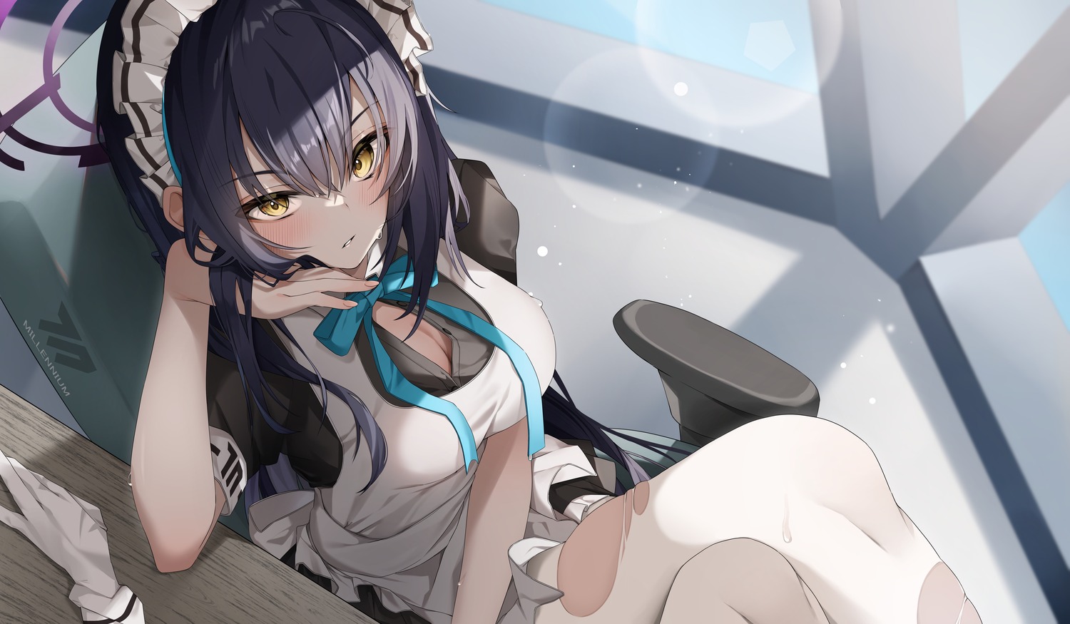 awaki224, blue_archive, halo, kakudate_karin, maid, pantyhose, torn_clothes