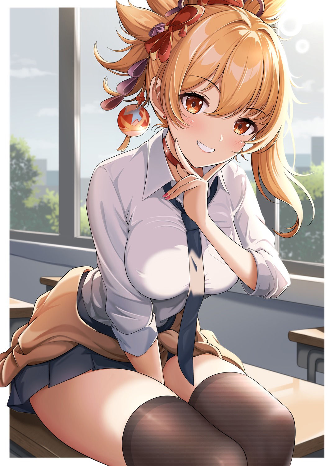genshin_impact, seifuku, sweater, thighhighs, yashita_saki, yoimiya