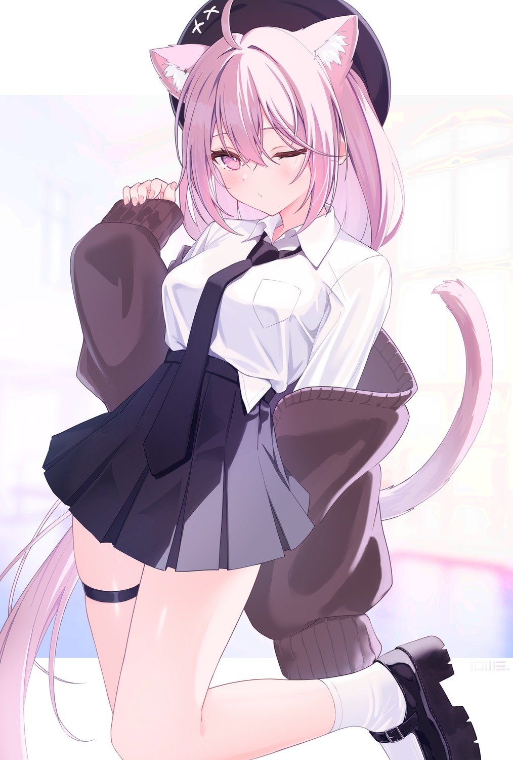 animal_ears, garter, lows., nekomimi, seifuku, sweater, tail