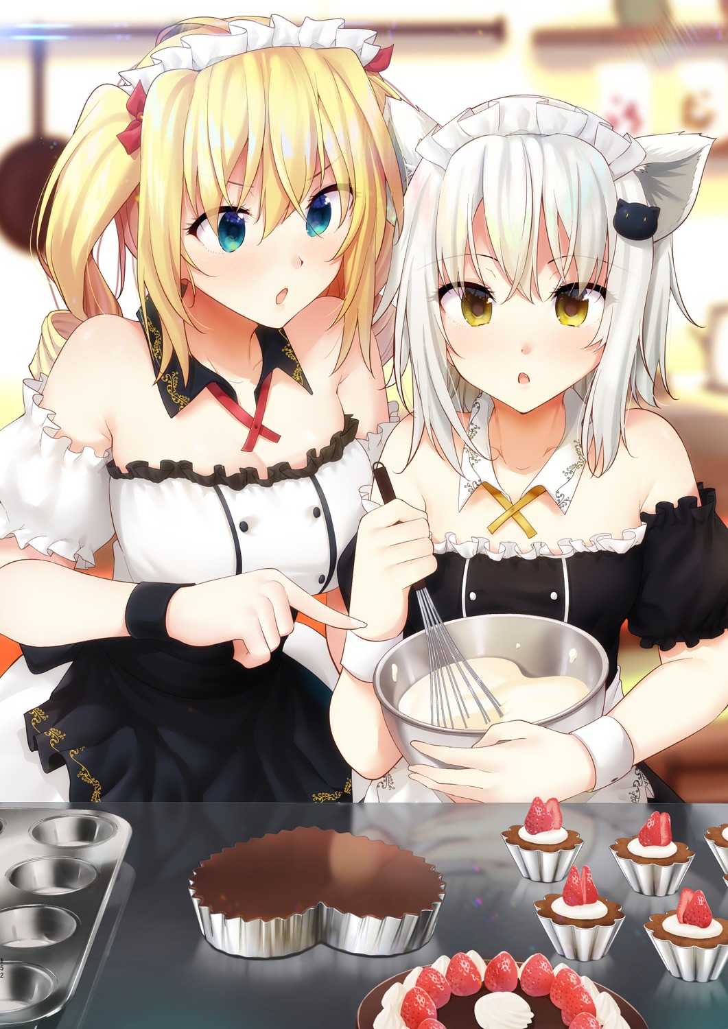 animal_ears, cleavage, maid, nekomimi, no_bra, ryouma_(galley), waitress