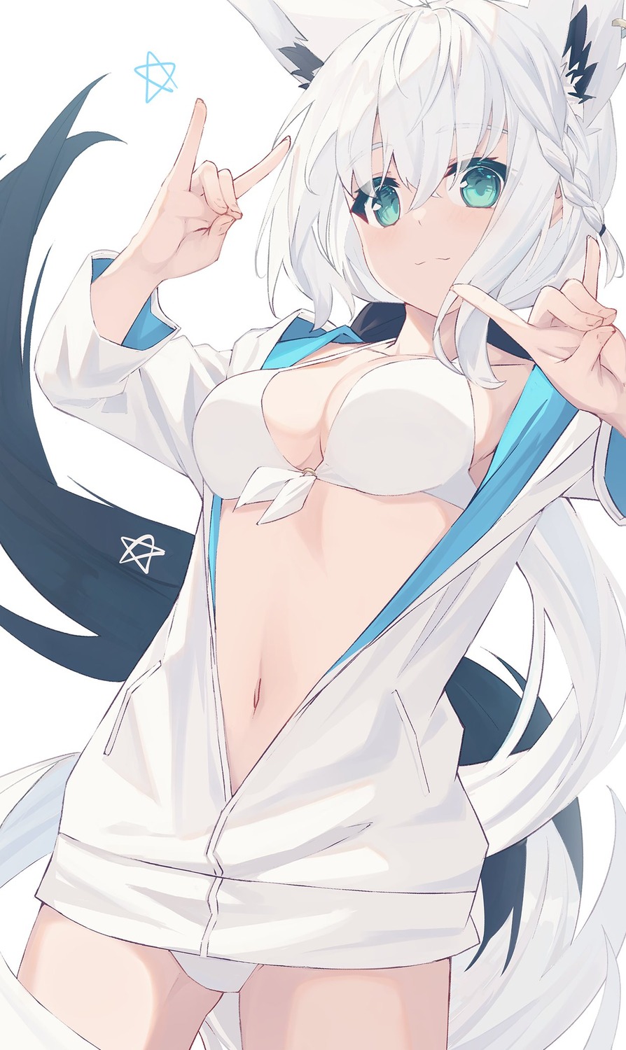 animal_ears, bikini, hololive, hololive_gamers, kitsune, nagishiro_mito, open_shirt, shirakami_fubuki
