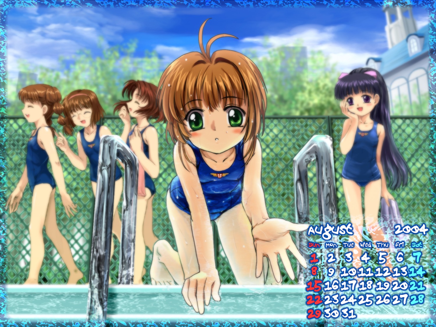 calendar, card_captor_sakura, daidouji_tomoyo, kinomoto_sakura, mihara_chiharu, moonknives, sasaki_rika, swimsuits