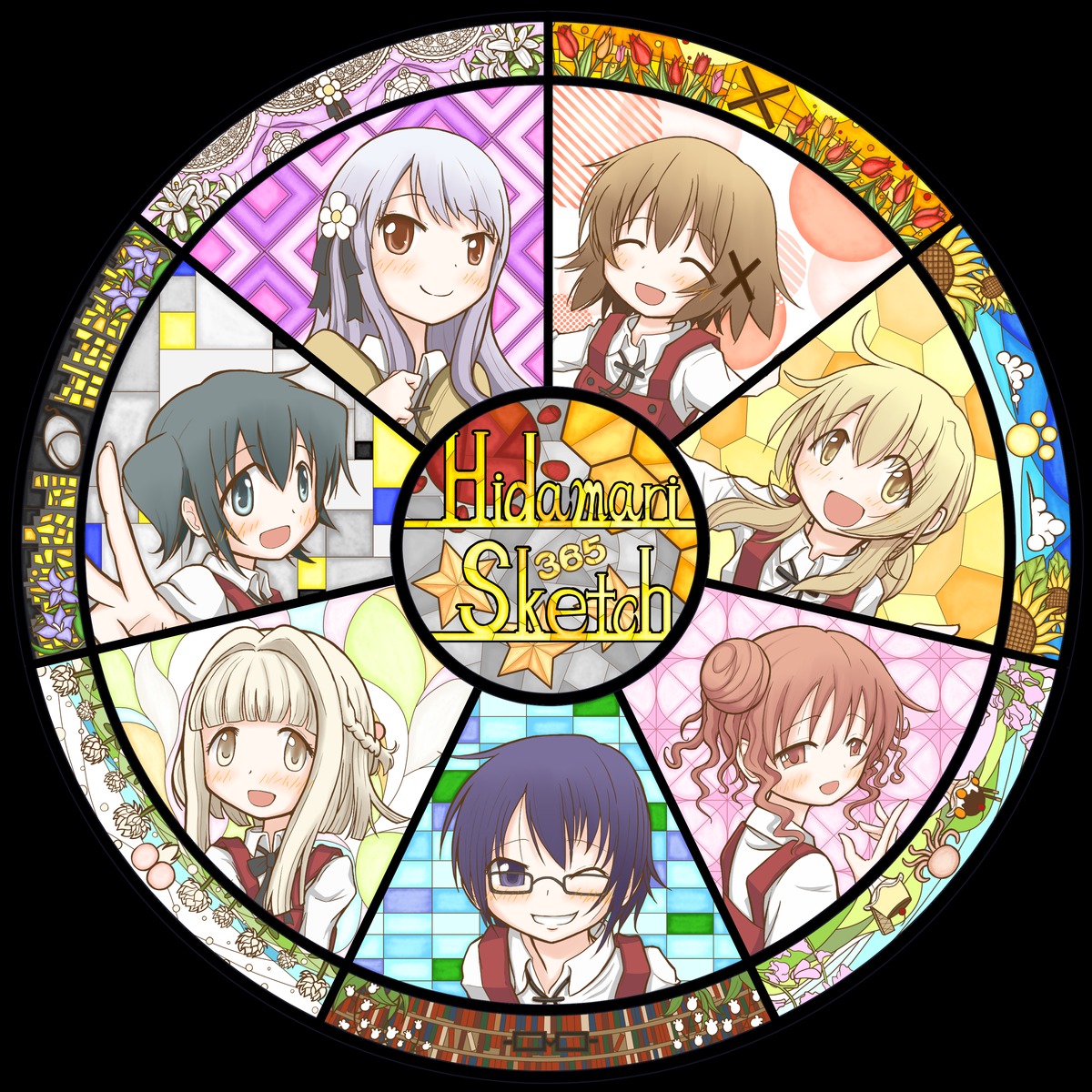 ado_n, hidamari_sketch, hiro, matsuri, megane, miyako, nazuna, nori, sae, seifuku, yuno