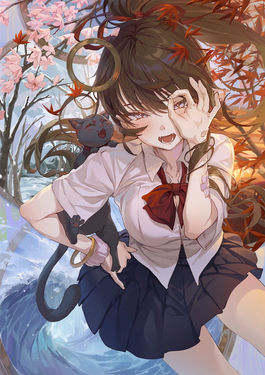 bandaid, cleavage, hxxg, neko, open_shirt, seifuku
