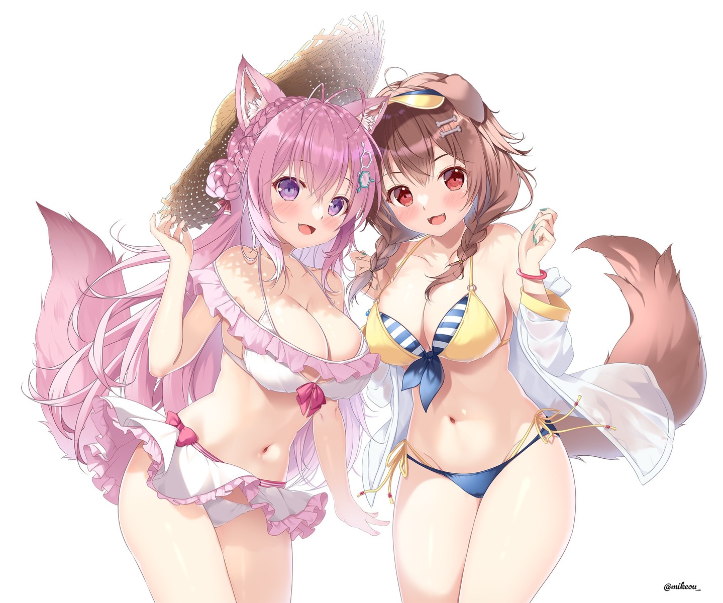 animal_ears, bikini, hakui_koyori, hololive, hololive_gamers, inugami_korone, inumimi, mikeou, open_shirt, see_through, skirt_lift, swimsuits, tail
