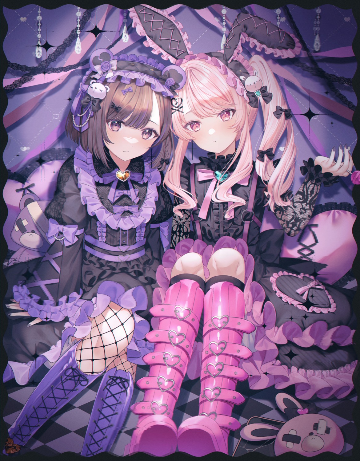 akiyama_mizuki, animal_ears, bunny_ears, fishnets, gothic_lolita, lolita_fashion, lushuao, project_sekai