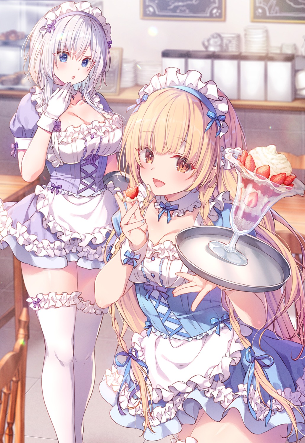 cleavage, cream, hagoromo_shion, himeji_shirayuki, konomi, liar_liar, maid, thighhighs