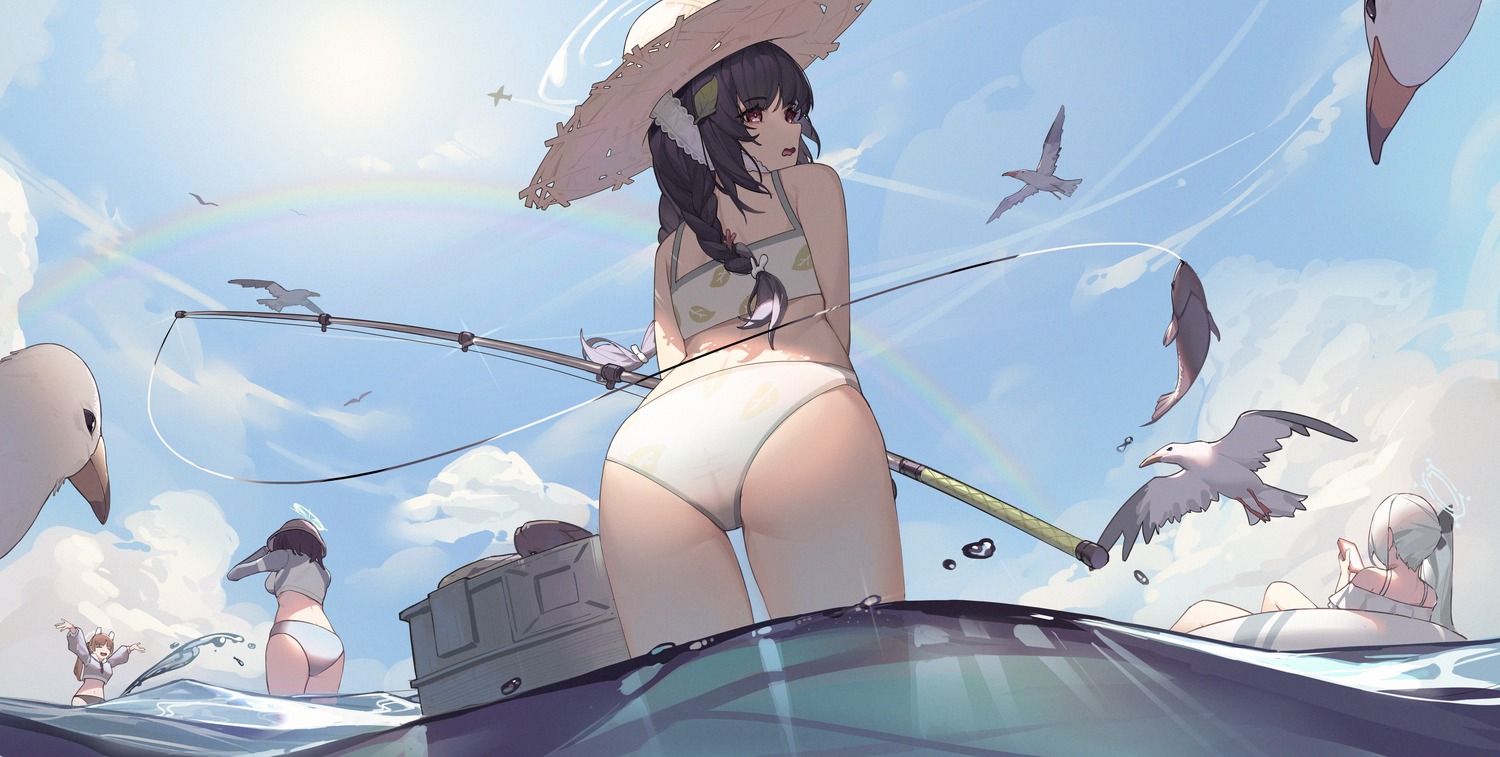 ass, bikini, blue_archive, halo, kasumizawa_miyu, kazekura_moe, shui_buzhao_de_chong, sorai_saki, swimsuits, tsukiyuki_miyako