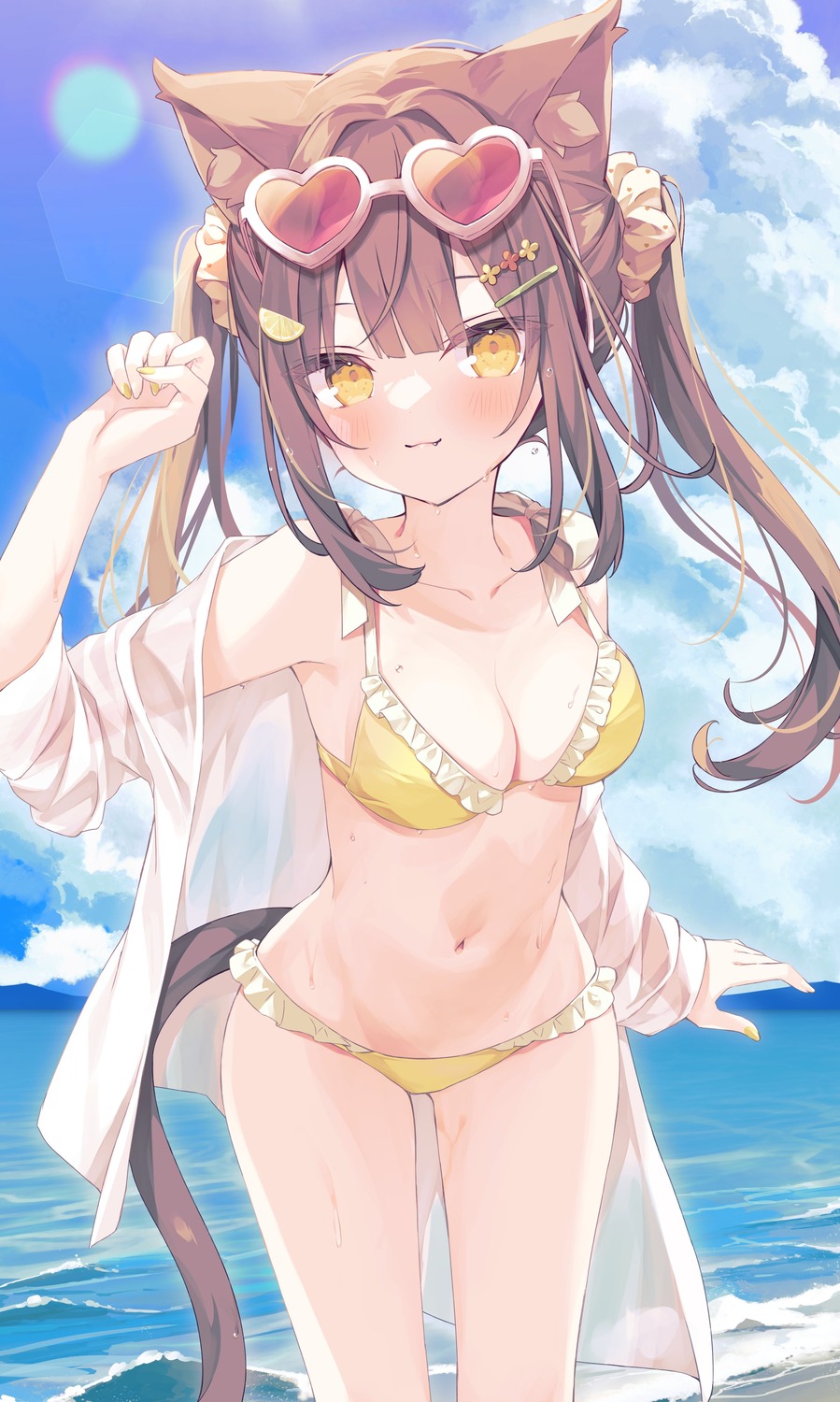 animal_ears, bikini, hoshi, kohaku_(hoshi), megane, nekomimi, open_shirt, see_through