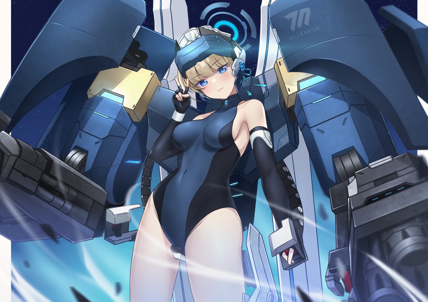 asuma_toki, blue_archive, halo, leotard, mecha, mr2d, weapon