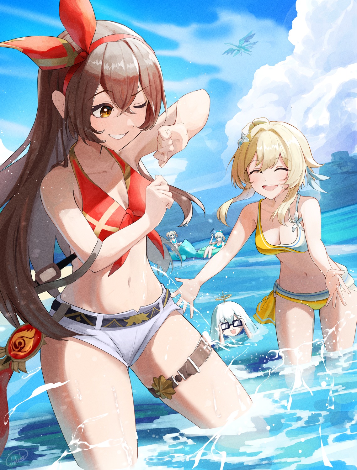 amber_(genshin_impact), bikini, garter, genshin_impact, ginlear, lumine, megane, paimon, swimsuits, wet